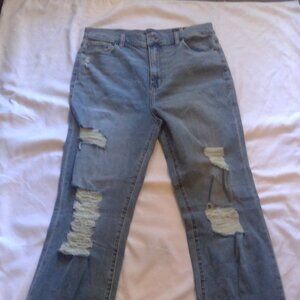 Fashion Nova Long Length Split Ankle Distressed Medium Wash Hi-Rise Denim Jeans